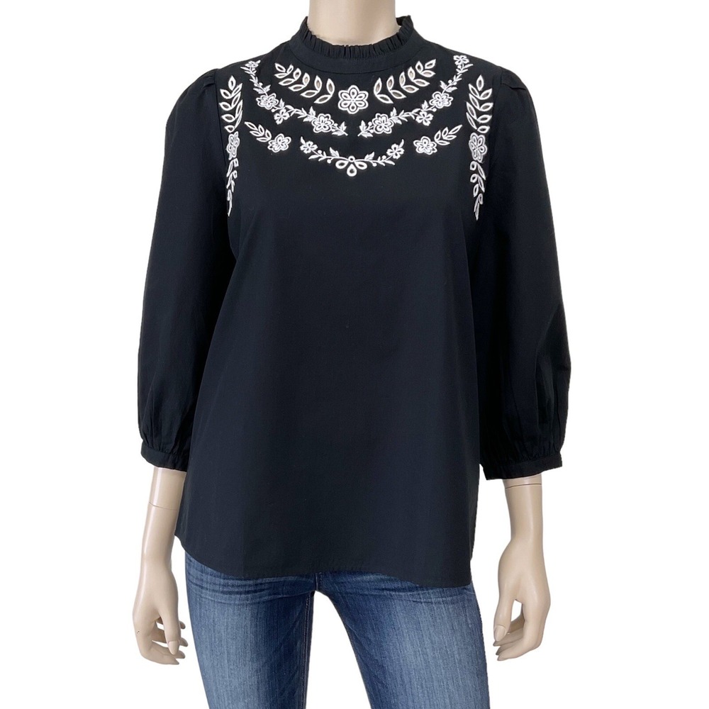 LOFT Top Small Womens Black White Embroidered Floral Peasant 3/4 Sleeve NWT